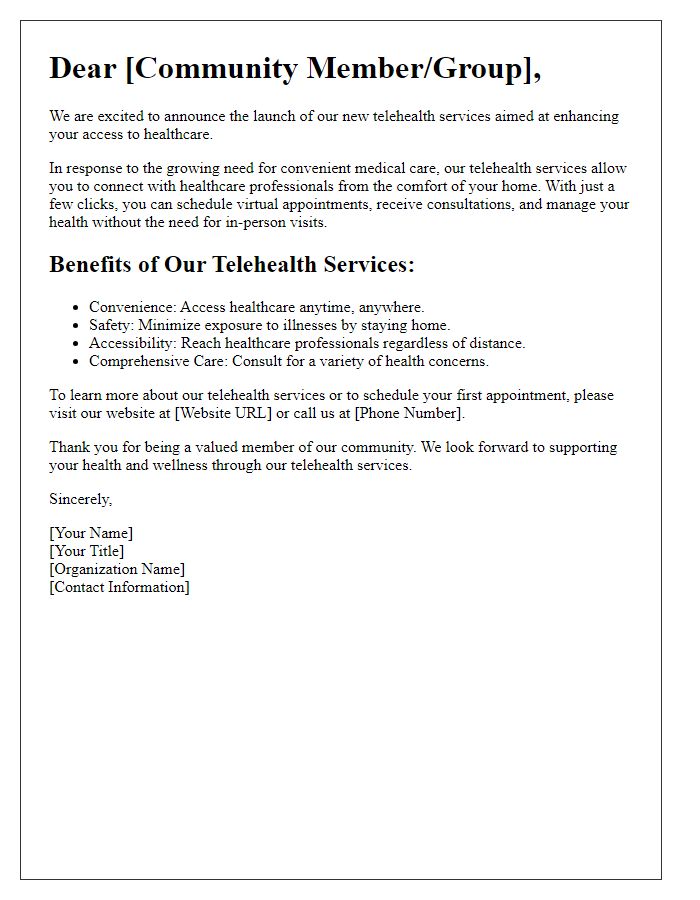 Letter template of telehealth service promotion for community outreach.