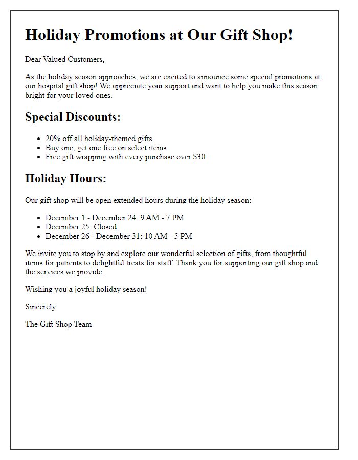 Letter template of hospital gift shop holiday promotions