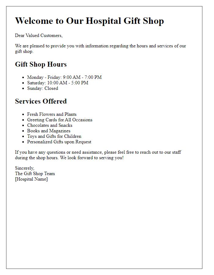 Letter template of hospital gift shop hours and services