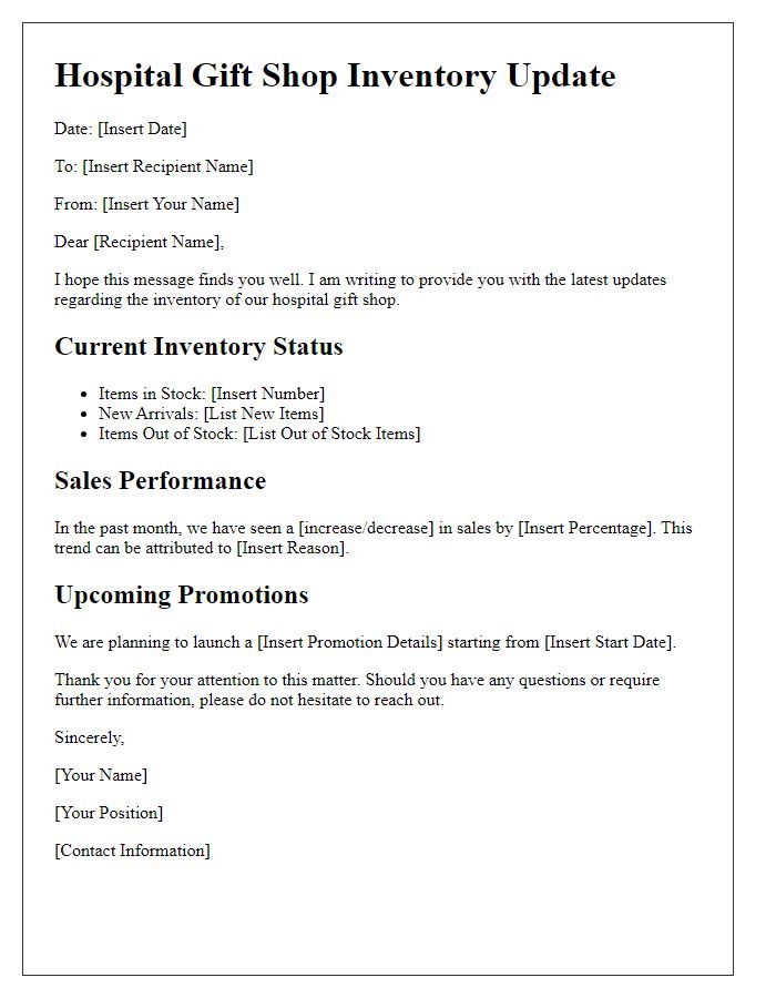 Letter template of hospital gift shop inventory updates