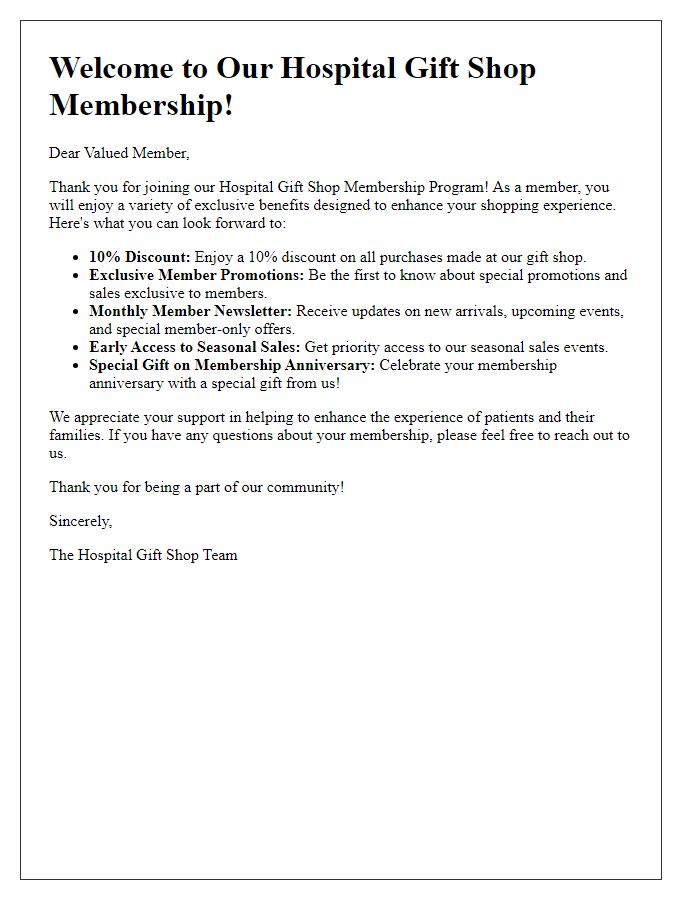 Letter template of hospital gift shop membership benefits