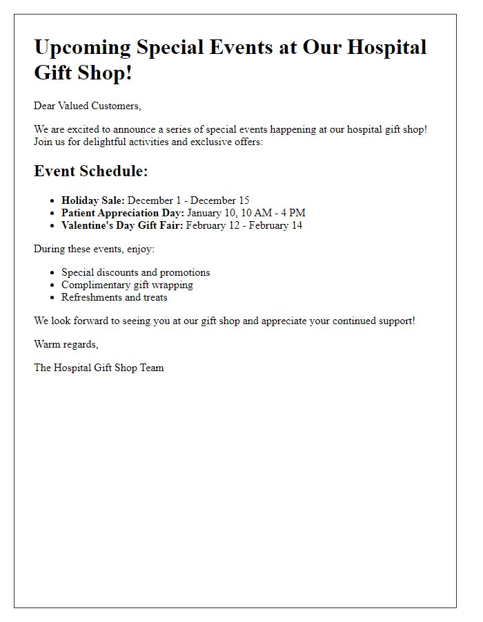 Letter template of hospital gift shop special events announcement