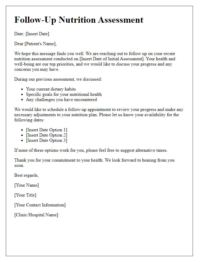 Letter template of follow-up nutrition assessments for patients.