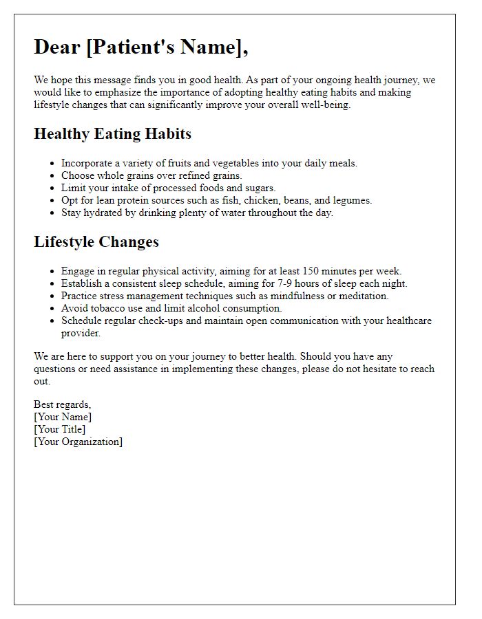 Letter template of healthy eating habits and lifestyle changes for patients.