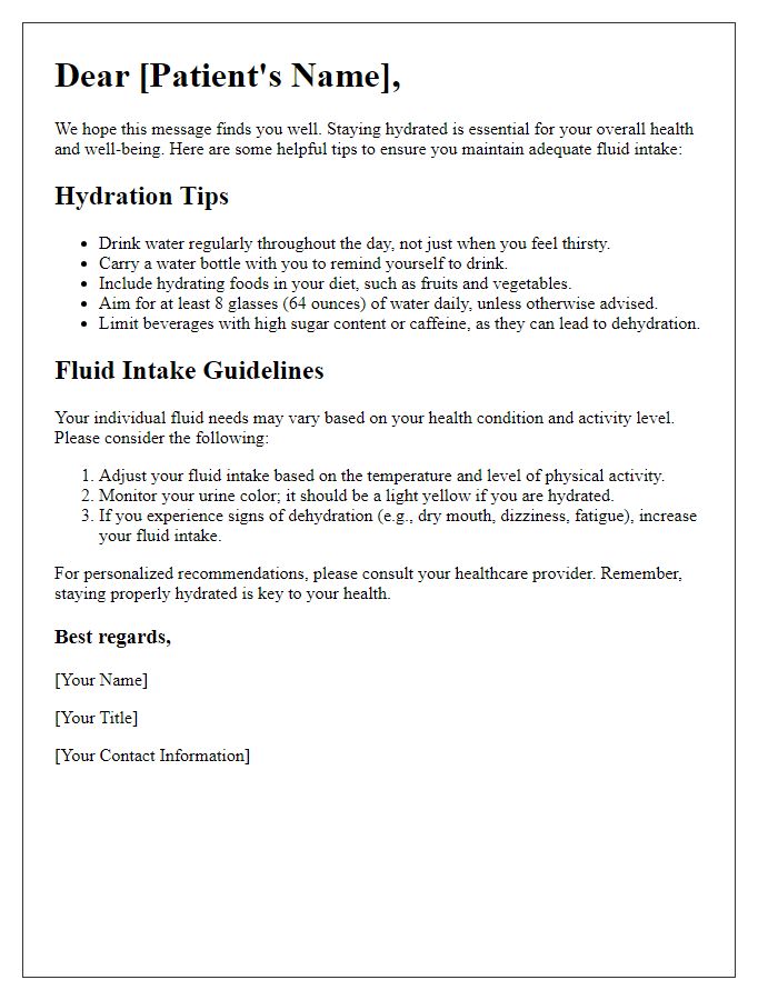 Letter template of hydration tips and fluid intake for patients.