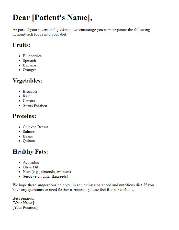 Letter template of nutrient-rich food suggestions for patients.