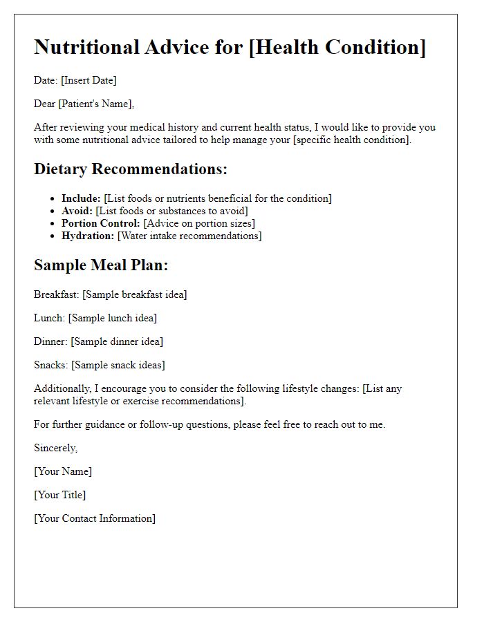 Letter template of nutritional advice for specific health conditions.