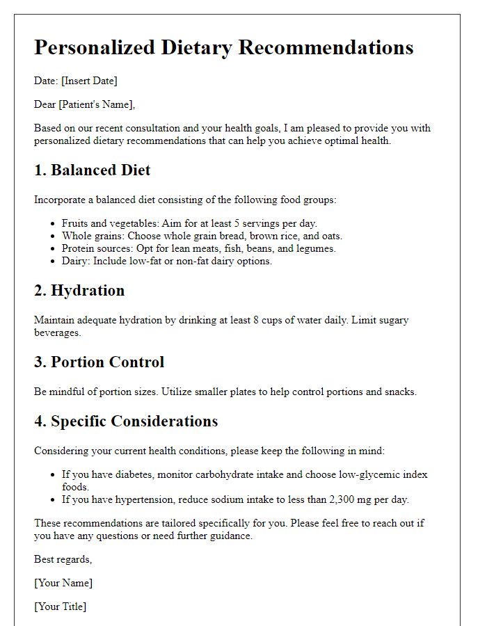 Letter template of personalized dietary recommendations for patients.