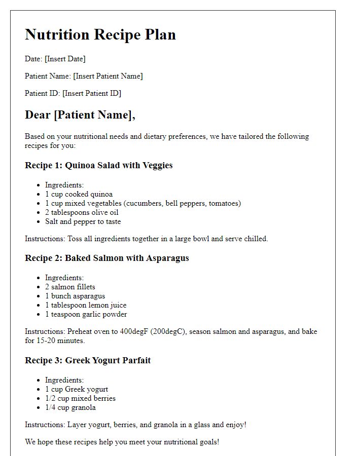 Letter template of recipes tailored to patient nutritional needs.