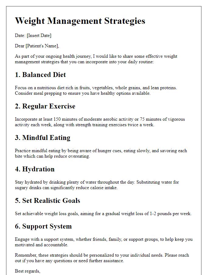 Letter template of weight management strategies for patients.