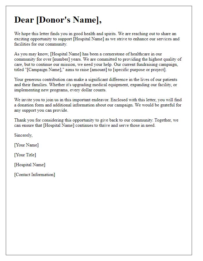 Letter template of appeal for hospital fundraising efforts