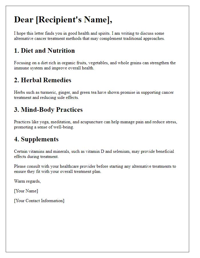 Letter template of alternative cancer treatment methods.