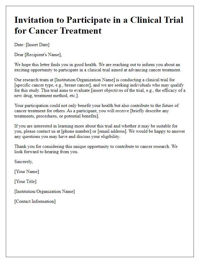 Letter template of clinical trial opportunities for cancer treatment.