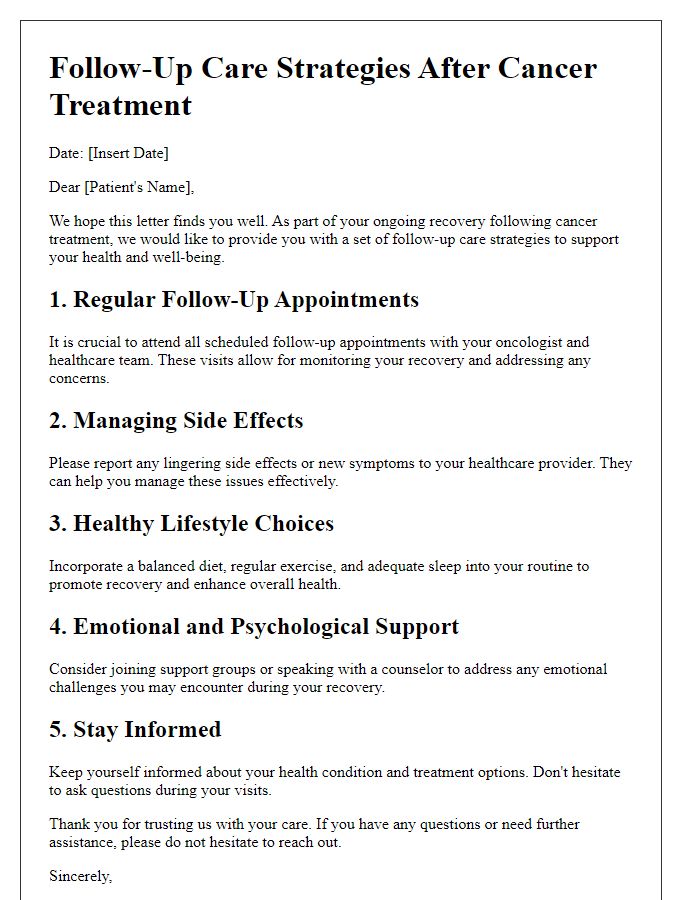 Letter template of follow-up care strategies after cancer treatment.