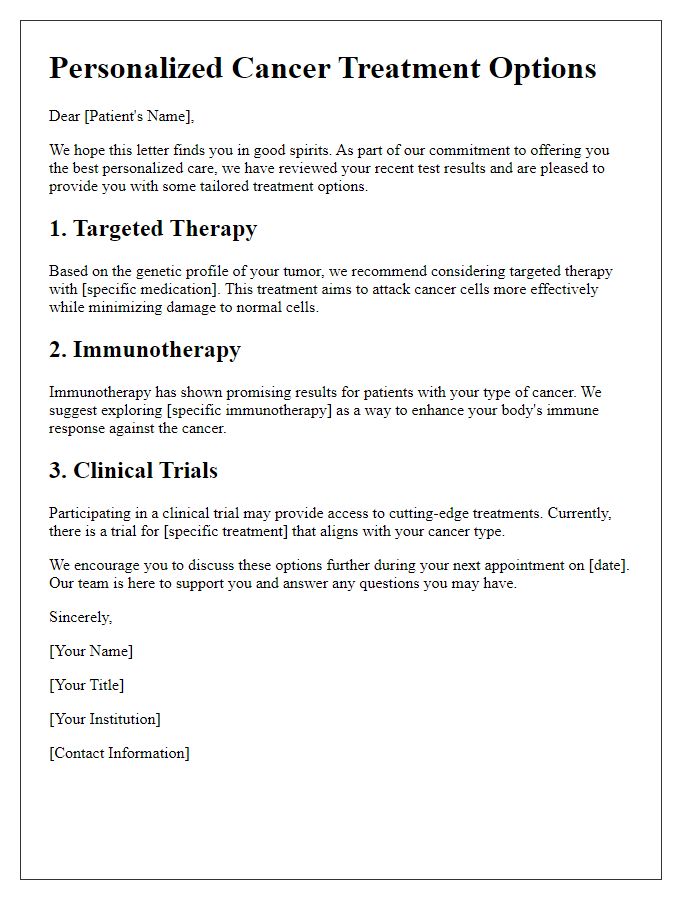 Letter template of personalized cancer treatment options.