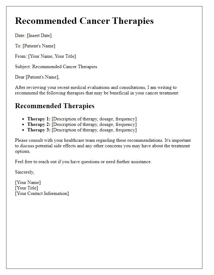 Letter template of recommended cancer therapies for patients.