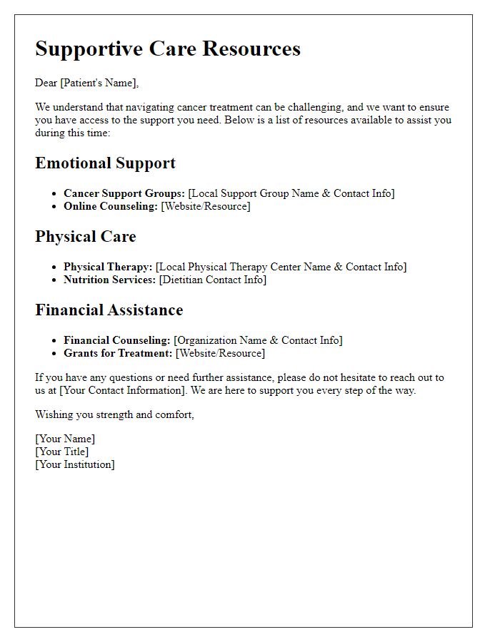 Letter template of supportive care resources for cancer patients.