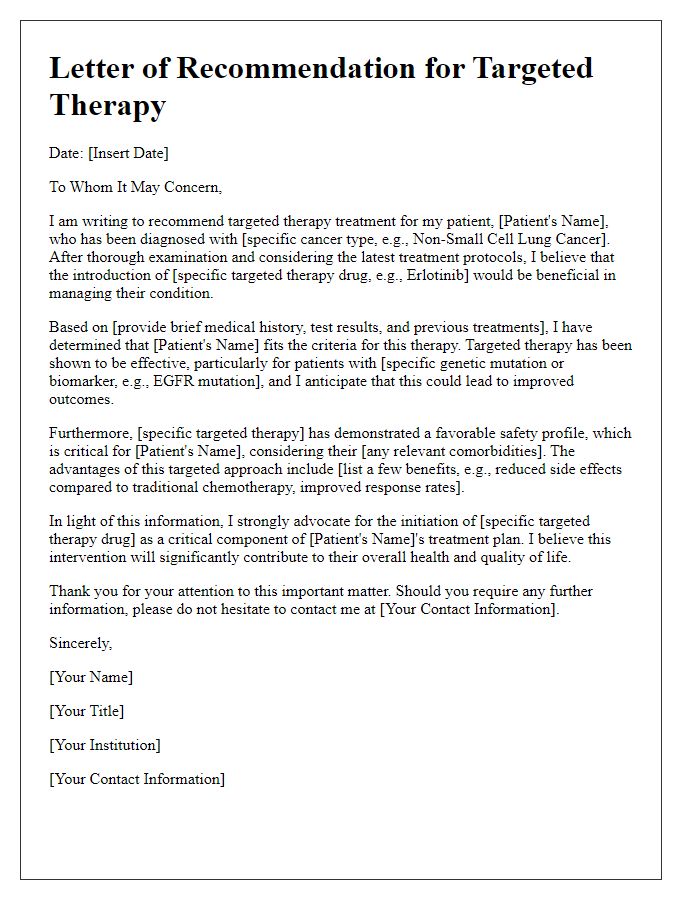 Letter template of targeted therapies for specific cancer types.