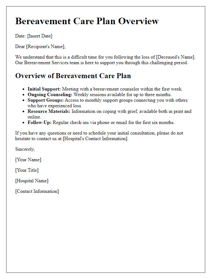 Letter template of bereavement care plan overview from hospital bereavement services.