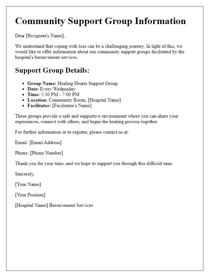 Letter template of community support group information from hospital bereavement services.