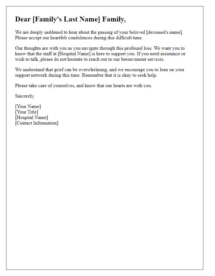 Letter template of condolences and support for bereaved families from hospital bereavement services.