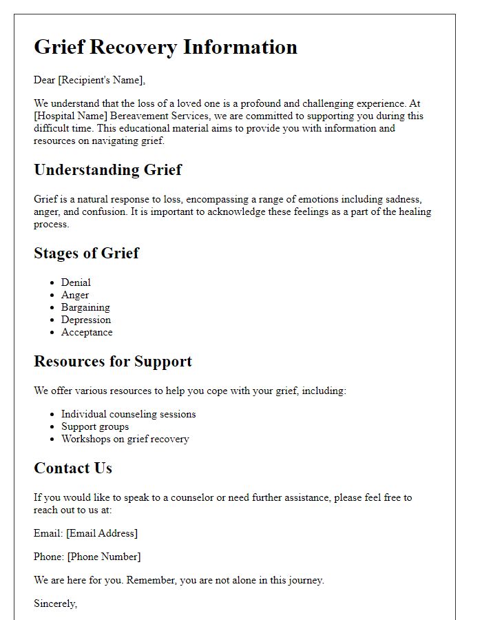 Letter template of educational material on grief recovery from hospital bereavement services.