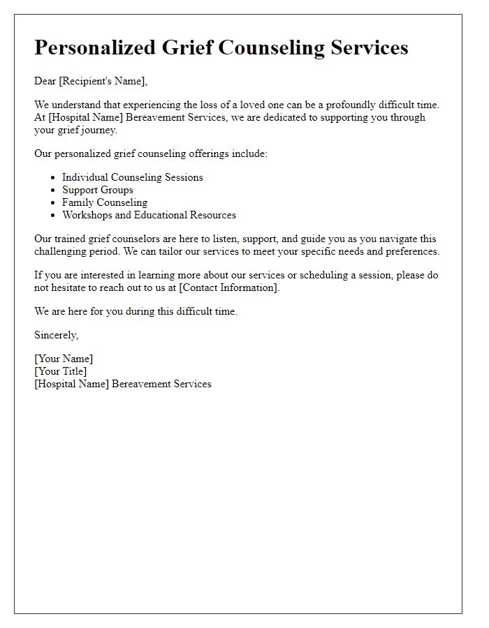 Letter template of personalized grief counseling offerings from hospital bereavement services.