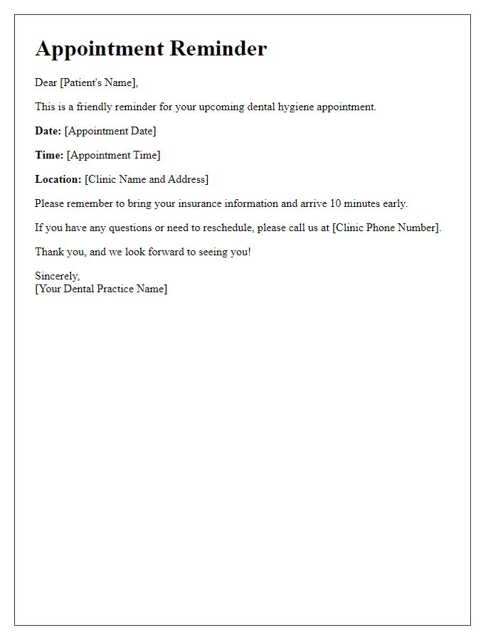 Letter template of dental hygiene appointment reminder