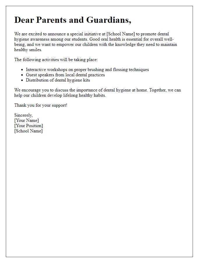 Letter template of dental hygiene awareness for schools