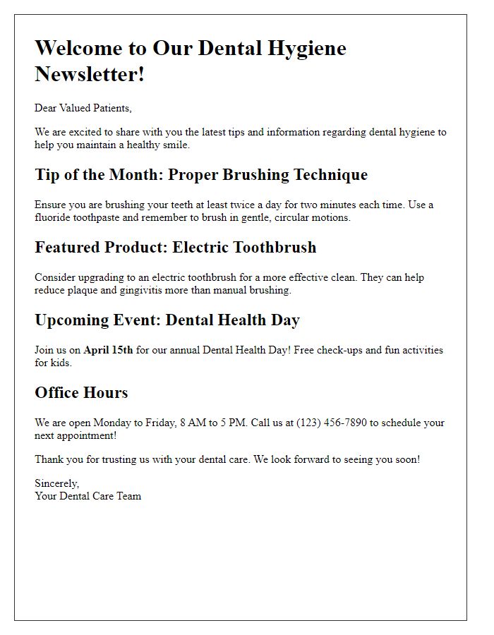 Letter template of dental hygiene newsletter for patients