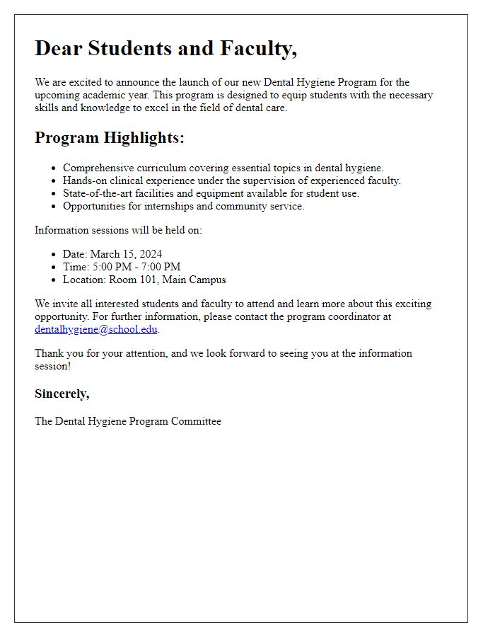 Letter template of dental hygiene program announcement