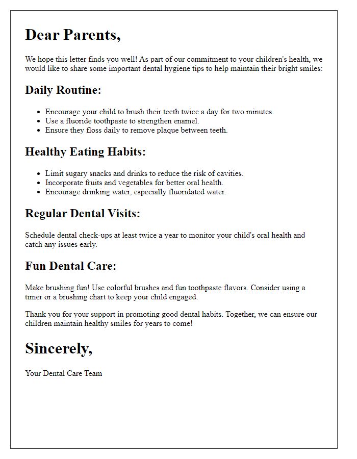 Letter template of dental hygiene tips for parents