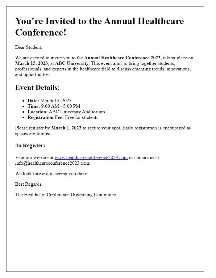 Letter template of Healthcare Conference Invitation for Students