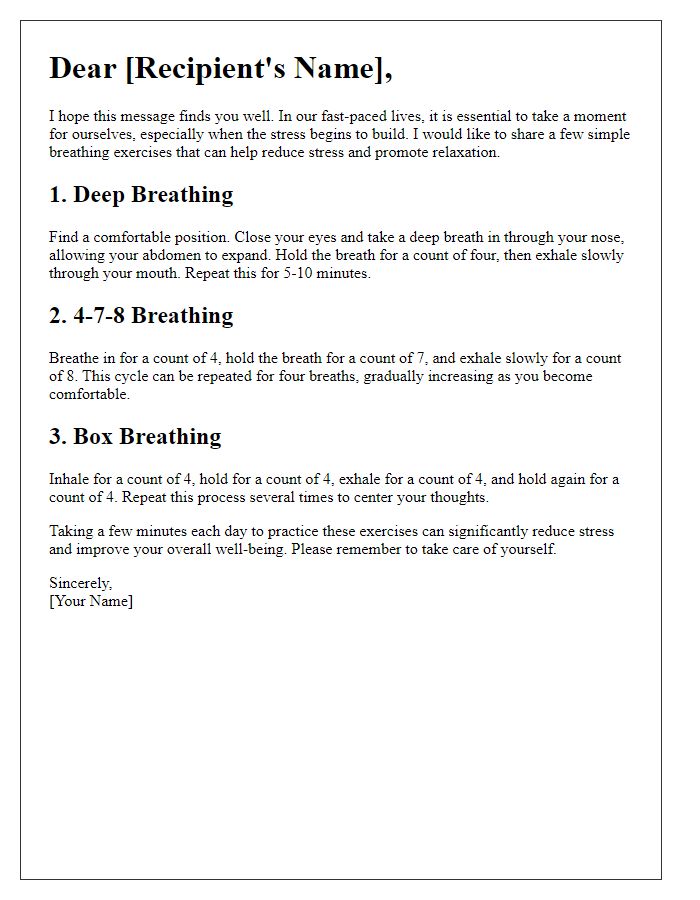 Letter template of breathing exercises to reduce stress.