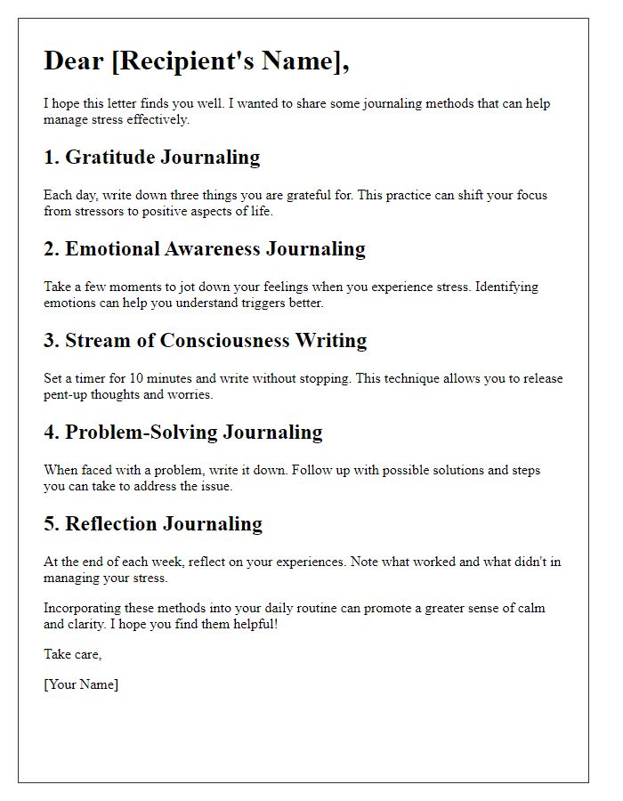 Letter template of journaling methods for managing stress.