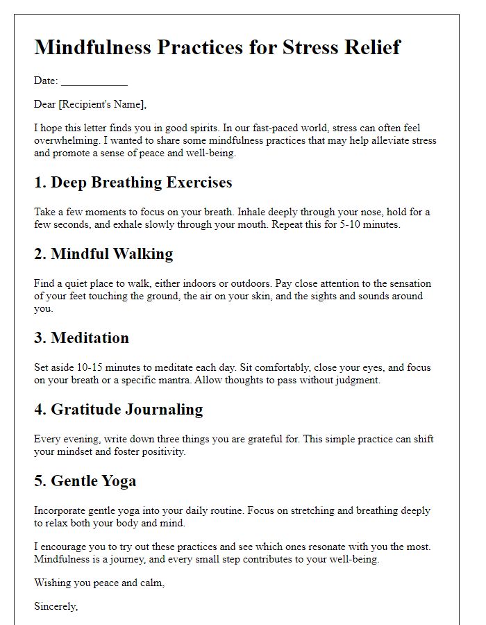 Letter template of mindfulness practices for stress relief.