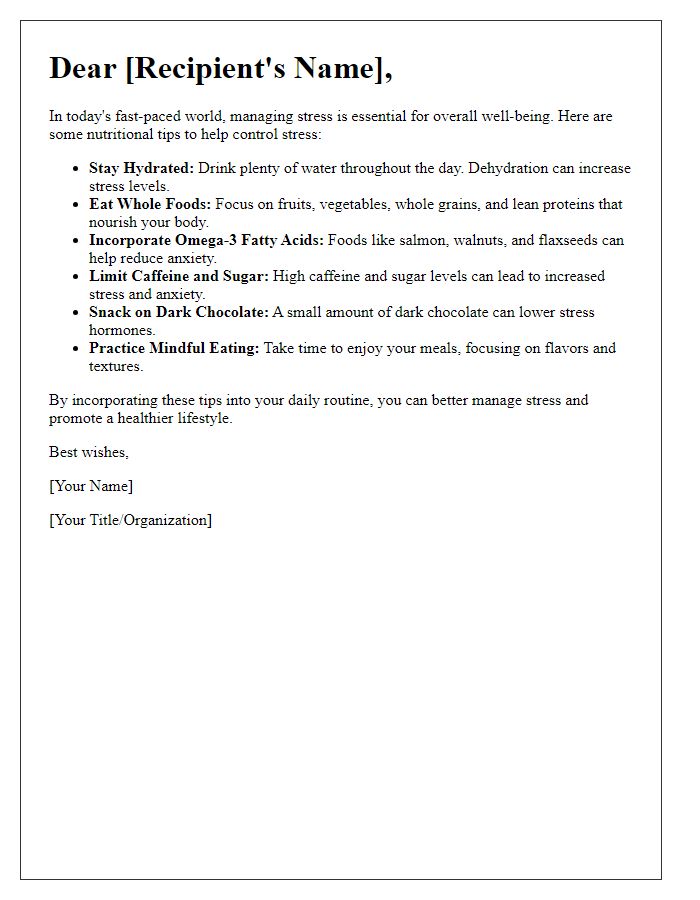 Letter template of nutritional tips for stress control.