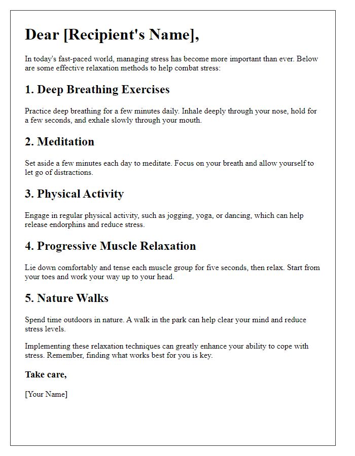 Letter template of relaxation methods to combat stress.