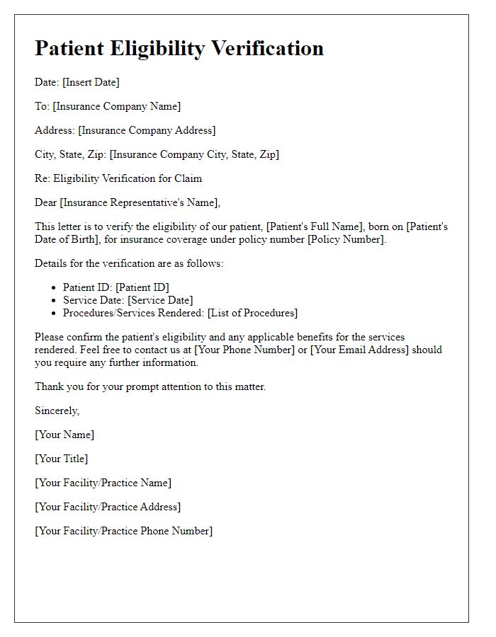 Letter template of patient eligibility verification for insurance claims.