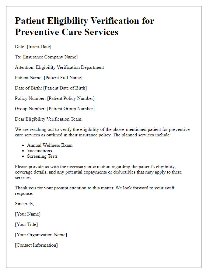 Letter template of patient eligibility verification for preventive care services.