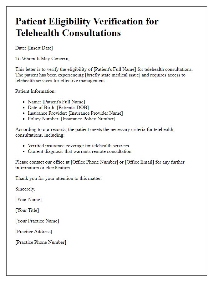 Letter template of patient eligibility verification for telehealth consultations.