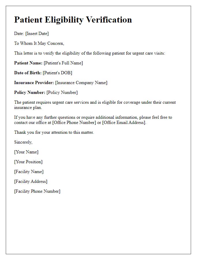 Letter template of patient eligibility verification for urgent care visits.