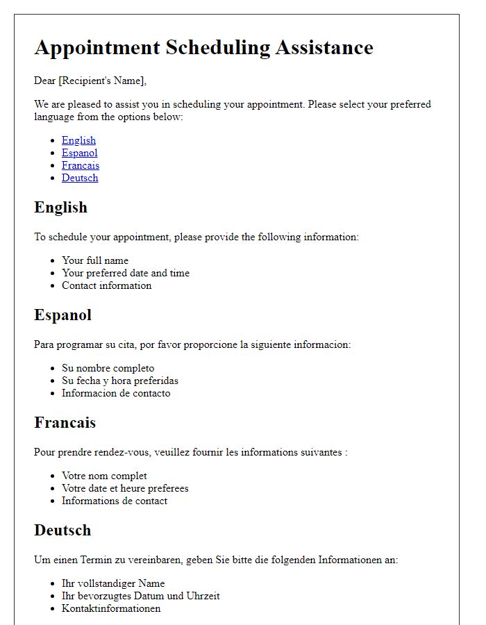 Letter template of multilingual assistance for appointment scheduling.