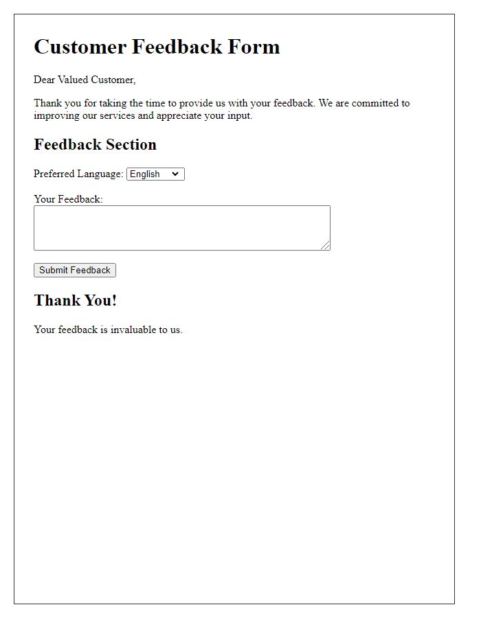 Letter template of multilingual feedback for service improvement.