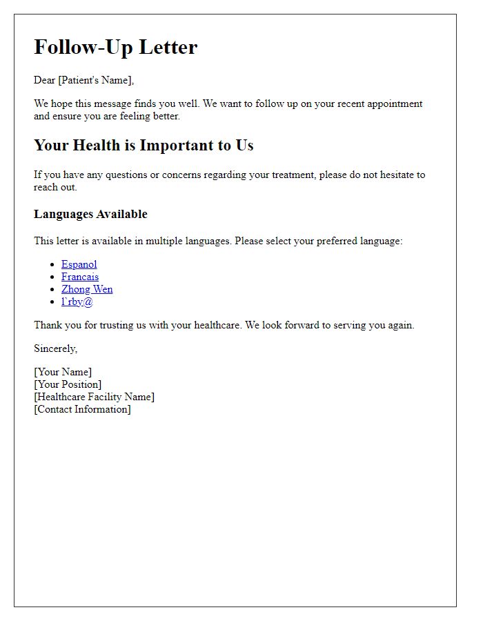 Letter template of multilingual follow-up for patient care.