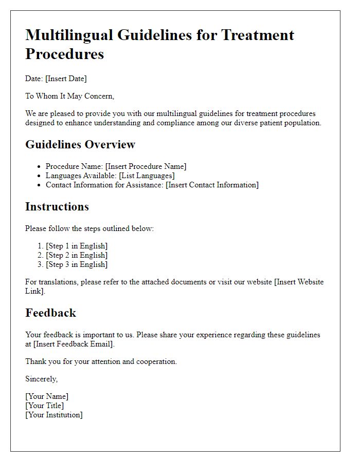 Letter template of multilingual guidelines for treatment procedures.