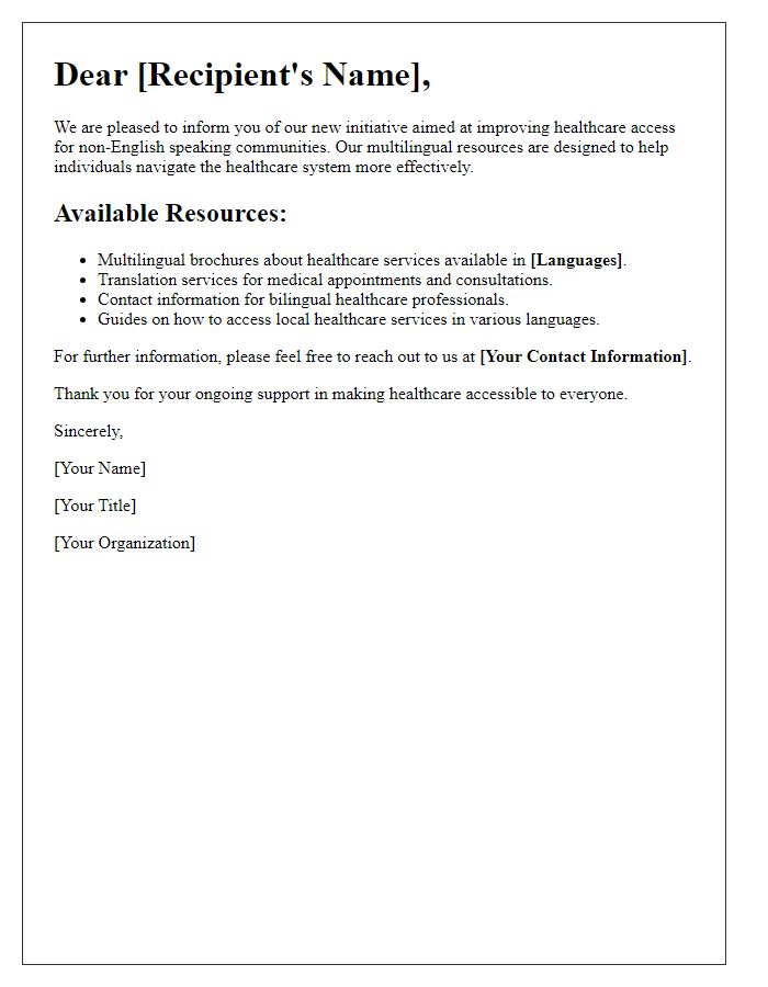 Letter template of multilingual resources for healthcare access.