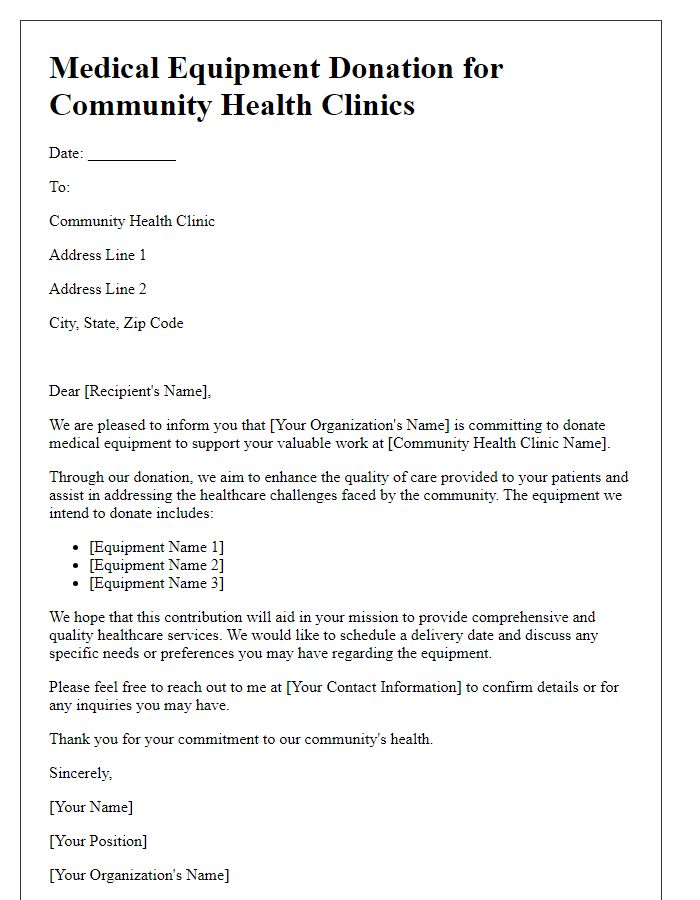 Letter template of medical equipment donation for community health clinics