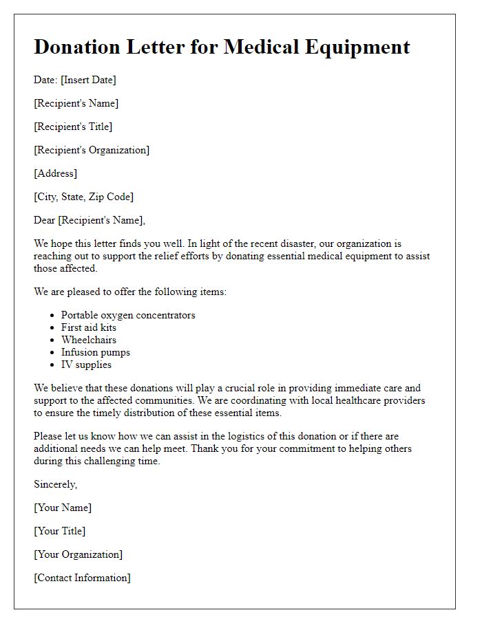 Letter template of medical equipment donation for disaster relief efforts