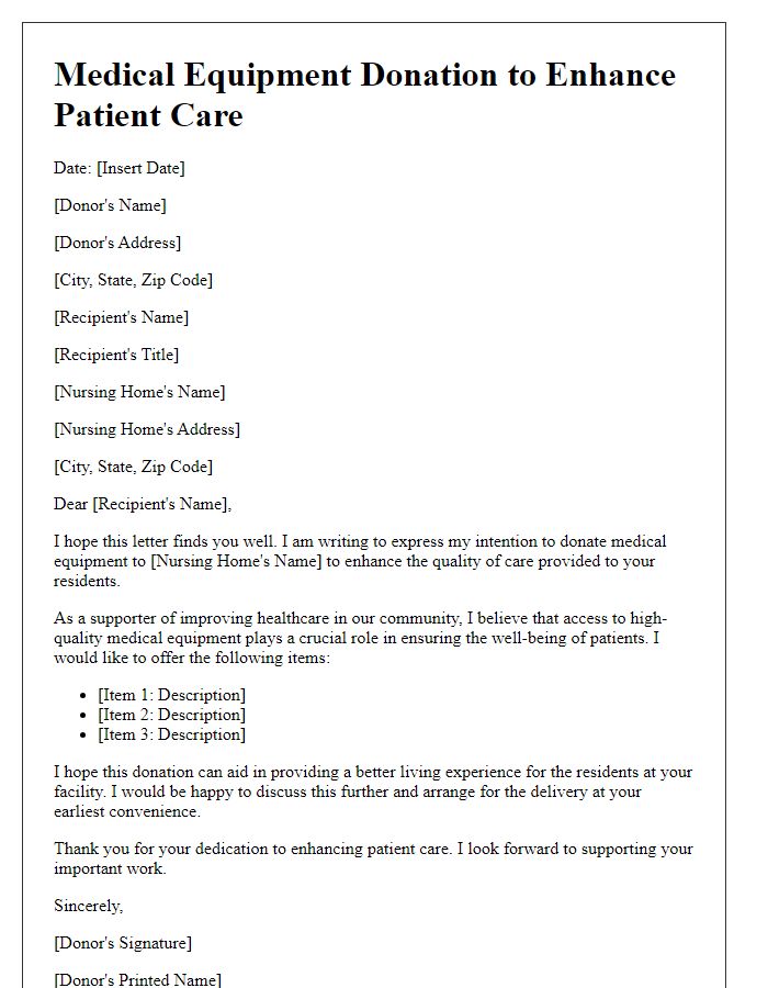 Letter template of medical equipment donation to enhance patient care in nursing homes